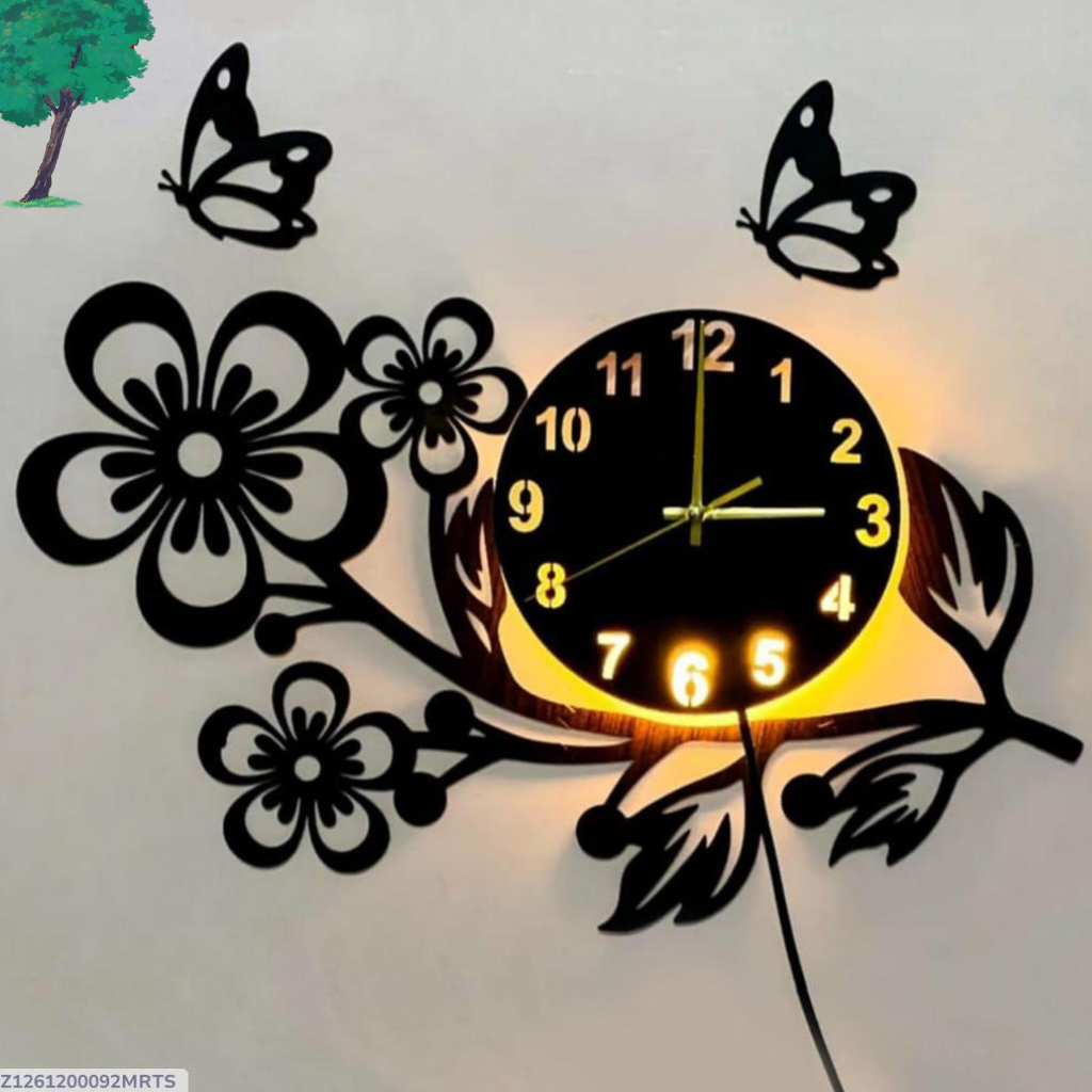 3D Flower Wooden Wall Clock With Premium Light